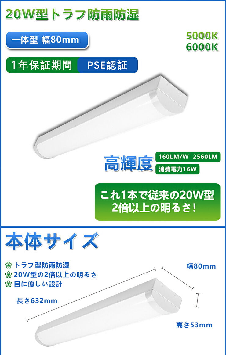 LED蛍光灯 20W 20形 直管 器具 照明器具 一体型 ベースライト トラフ 虫対策 昼白色 2560lm 昼光色 2560lm FBL20Z16-T ビームテック