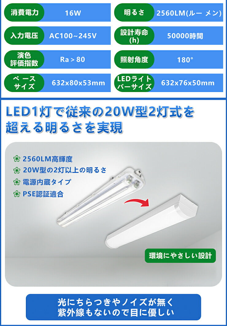 LED蛍光灯 20W 20形 直管 器具 照明器具 一体型 ベースライト トラフ 虫対策 昼白色 2560lm 昼光色 2560lm FBL20Z16-T ビームテック