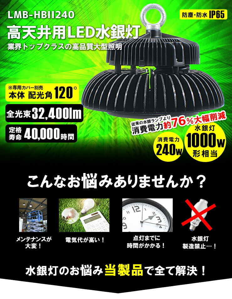 LED水銀灯 1000W水銀灯相当 高天井用LED 反射笠 LED照明 屋外対応IP65防塵 防水 角度60度70度90度120度LED 水銀灯 施設照明 工場 倉庫 作業灯 LEDライト Meanwell電源付き LMB-HBII240