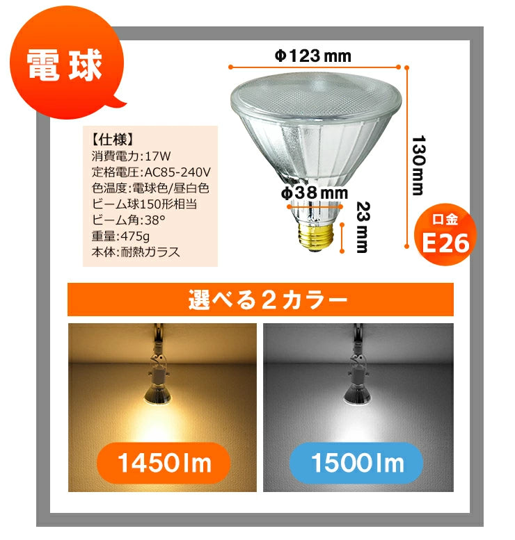 LED電球付き クランプライト E26 屋外用 作業灯 投光器 照明 業務用 オフィス 工場 現場 作業用 ライト クランプライト ワークライト ClampPar38-LDR17