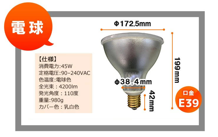 LED電球付き クランプライト E39 屋外用 作業灯 投光器 照明 業務用 オフィス 工場 現場 作業用 ライト クランプライト ワークライト ClampPar56-LDR52