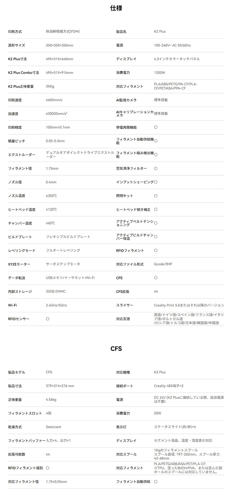 Creality K2PlusCombo 3Dプリンター 印刷速度600mm/s 造形サイズ 350x350x350mm