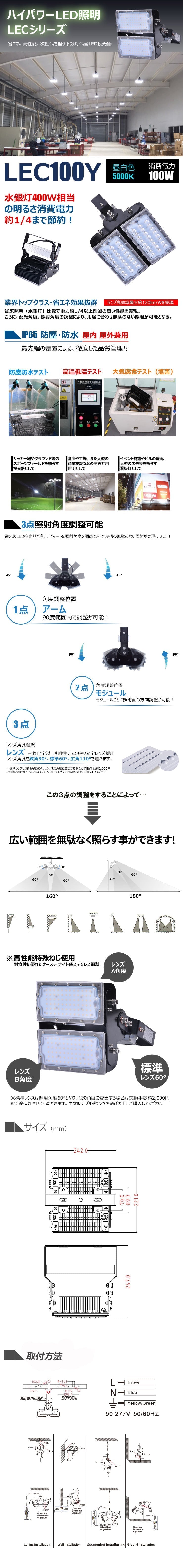 LED投光器 100W 400W相当 屋内 屋外 IP65 防塵 防水 MeanWell電源 レンズ角度選択 LEC100 昼白色 照明 ライト 作業灯 ランプ ビームテック