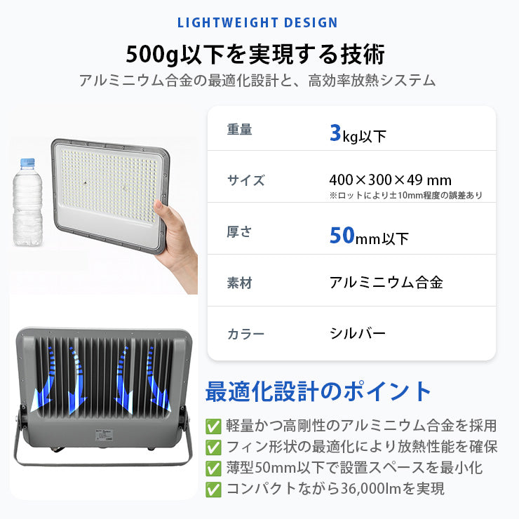 LED投光器 昼光色 シルバー 300W IP65 屋内 屋外 防塵 耐塵 防水