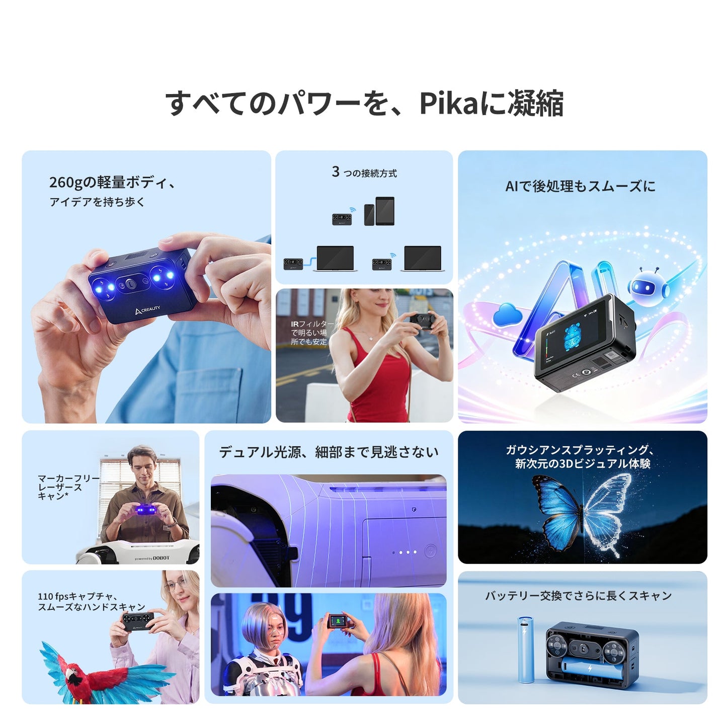 Creality Pika 3Dスキャナー ポータブルAIスキャナー 7ライン青色レーザー NIR構造光 最大0.03mm精度 最大110FPS Wi-Fi 6 3インチタッチスクリーン正規取扱店 ビームテック