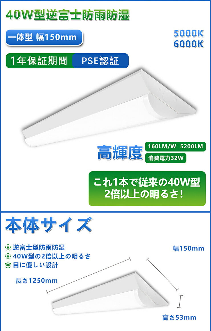 LED蛍光灯 40W 40形 直管 器具 照明器具 一体型 ベースライト 逆富士 虫対策 昼白色 5200lm 昼光色 5200lm FBL40N32-F ビームテック