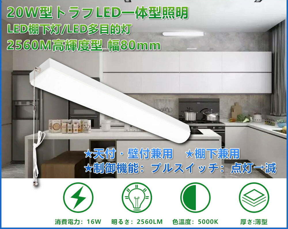 LED蛍光灯 20W 20形 直管 器具 照明器具 一体型 ベースライト トラフ プルスイッチ 引きひもスイッチ 虫対策 昼白色 2560lm FLSU201Y ビームテック