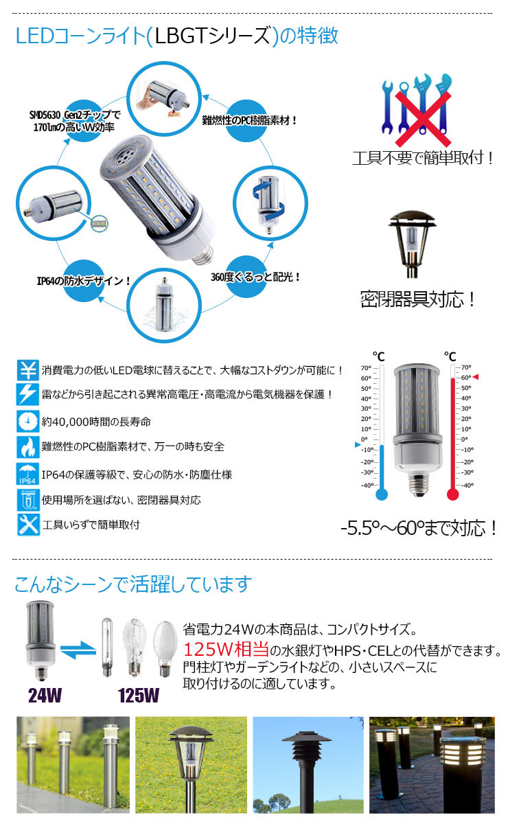 LED水銀灯 125W相当 電球 E26 E39 口金 防塵 防水 電源内蔵 密閉型器具対応 コーンライト 全配光 街路灯 防犯灯 交換用 照明 LBGT24W 電球色 LBGT24Y 昼白色 ビームテック