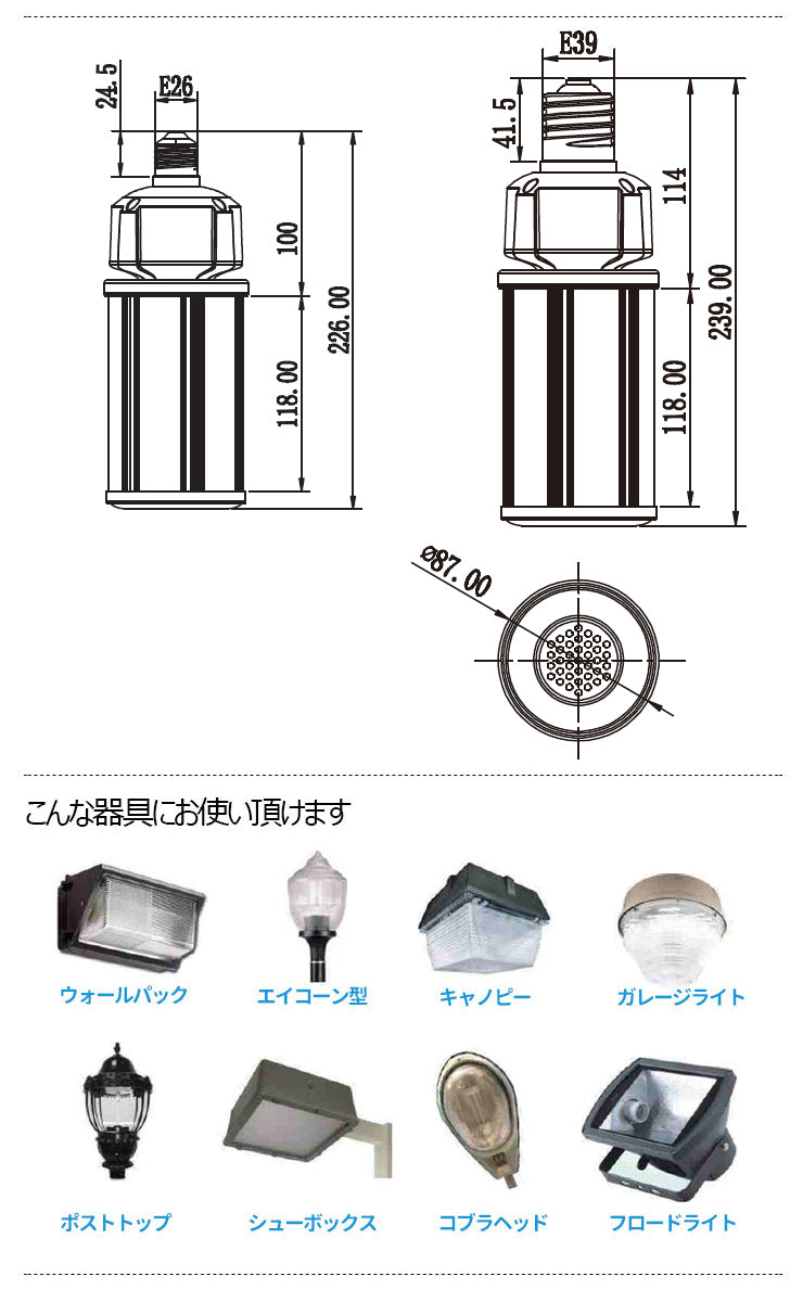 LED水銀灯 150W相当 電球 E26 E39 口金 防塵 防水 電源内蔵 密閉型器具対応 コーンライト 全配光 街路灯 防犯灯 交換用 照明 LBGT36W 電球色 LBGT36Y 昼白色 ビームテック