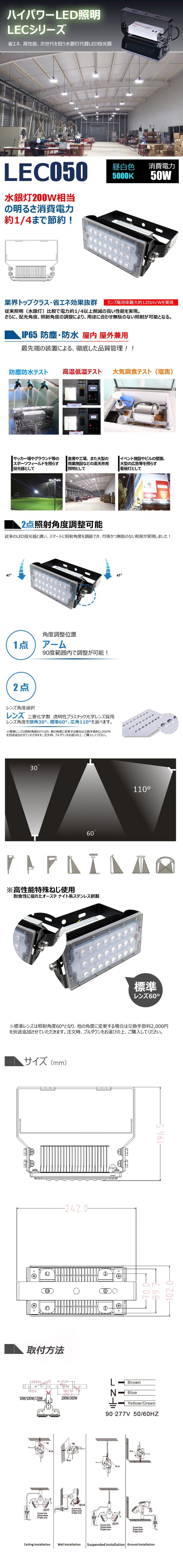 LED投光器 50W 200w相当 屋内 屋外兼用 IP65防塵 防水 MeanWell電源